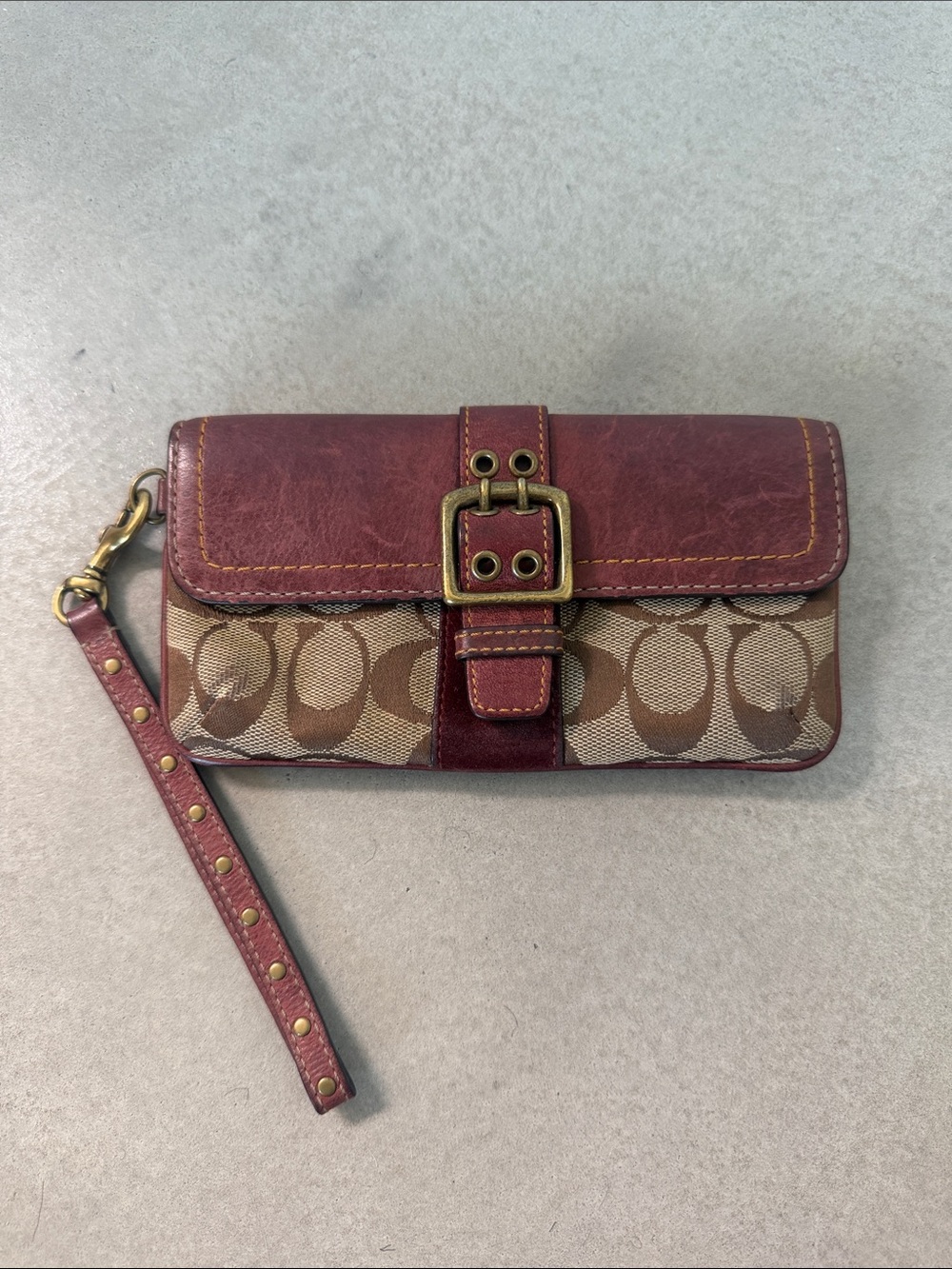 Y2K Coach Signature Canvas and Burgundy/brown Leather Wristlet